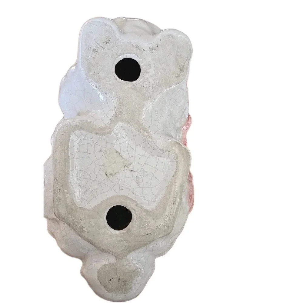 VTG Lot 2 white crackle glaze ceramic bunny pink bow Kitsch Easter Spring Size L